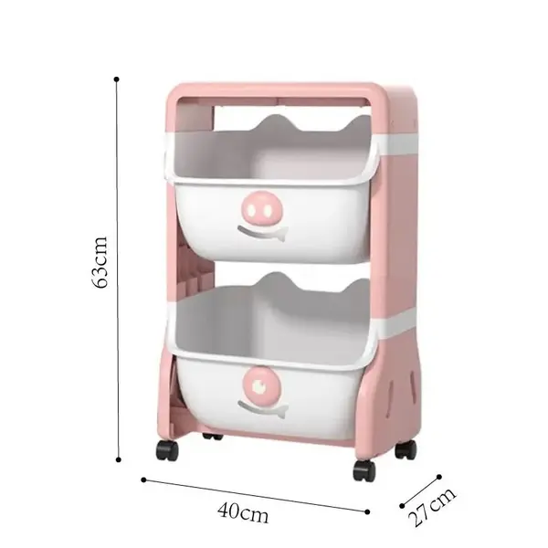 Organizator pentru copii Little Mom Piggy Blue cu 2 nivele, echipat cu 2 cutii deschise, prevazut cu roti, dimensiuni 63x40x27 cm