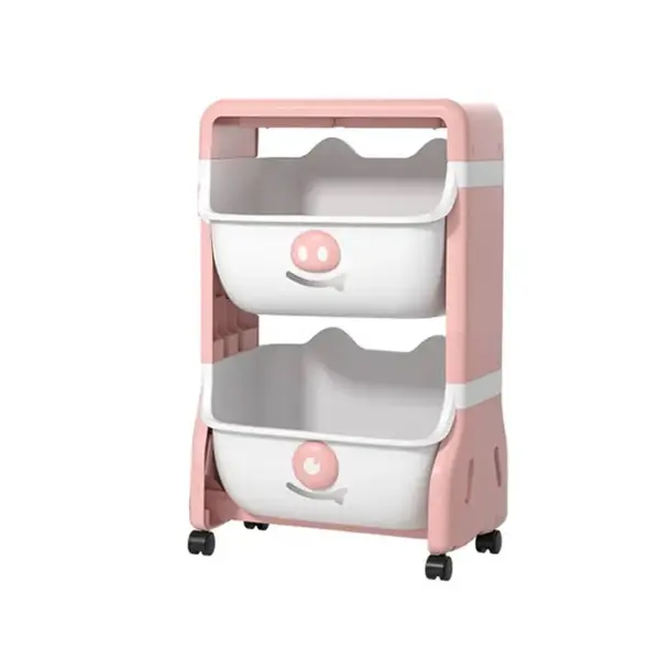 Organizator pentru copii Little Mom Piggy Pink cu 2 nivele, echipat cu 2 cutii deschise, prevazut cu roti, dimensiuni 63x40x27 cm