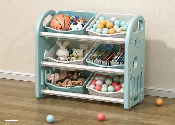 Organizator pentru jucarii Nichiduta Garden Butterfly Blue, cu 3 nivele si 6 cutii depozitare, margini rotunjite, 77x66x32 cm