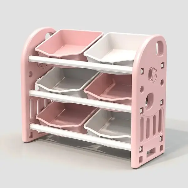 Organizator pentru jucarii Nichiduta Garden Butterfly Pink, cu 3 nivele si 6 cutii depozitare, margini rotunjite, 77x66x32 cm