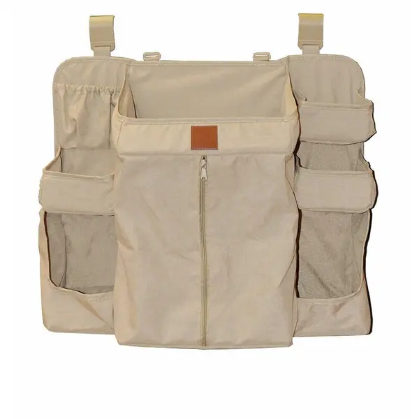 Organizator pentru patut, Bebe Stars, Cu 7 buzunare de depozitare, Cu 1 buzunar mare care se inchide cu fermoar, Usor de agatat datorita curelelor, Conform cu EN1130, Beige
