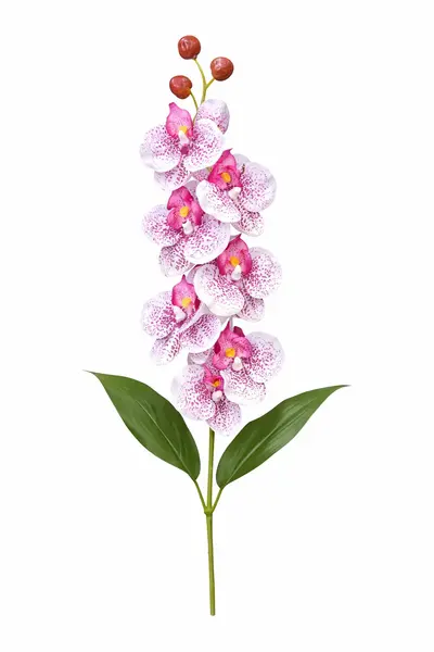 Orhidee artificiala eleganta alba cu accente mov, 6 flori si 3 boboci, 60 cm