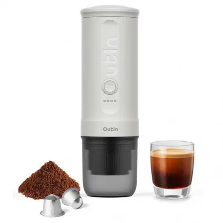 OutIn Espressor portabil Outin Nano Pearl White, 12/24 V, 7500mAh, 20bar, 80 ml, Incarcare USB, Cafea macinata si capsule, Alb