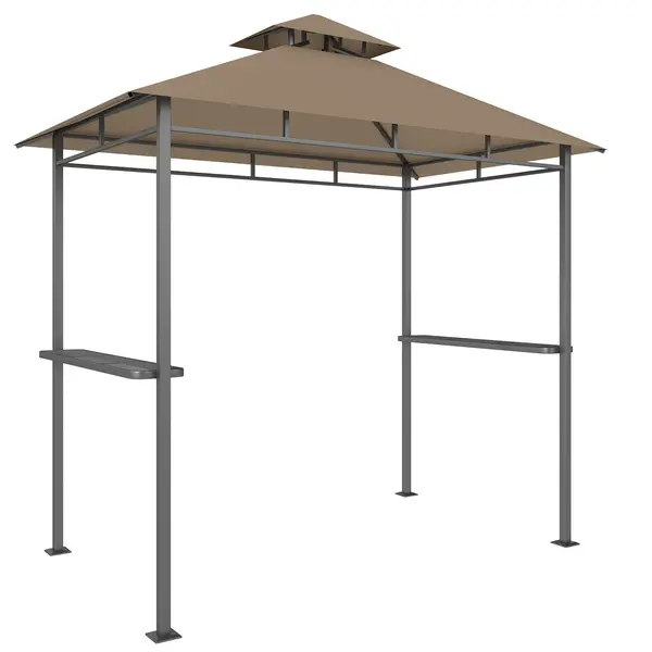 Outsunny Adăpost grătar exterior, cort de grădină 245x146x255cm din metal, acoperiș dublu, 2 rafturi laterale, Maro | Aosom Romania