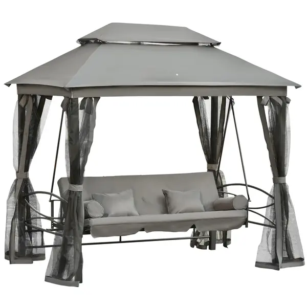 Outsunny Balansoar 3 Posti si Sezlong cu Copertina tip Foisor cu Plasa Impotriva Tantarilor si Perne, Gri Inchis 256x172x248cm