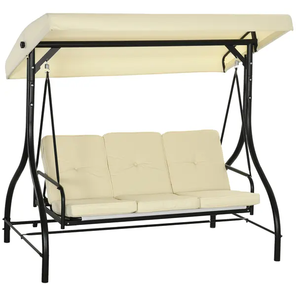 Outsunny Balansoar de Gradina 3 Locuri, Balansoar Pat pentru Exterior cu Copertina Reglabila, din Metal si tesut Teslin, Bej si Negru