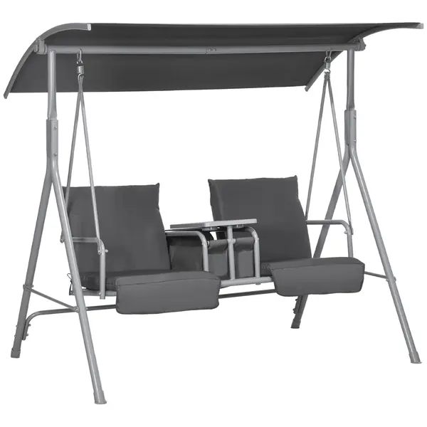 Outsunny Balansoar Exterior cu Măsuță de Cafea și Suport Central pentru Pahare, Leagăn cu 2 Locuri și Acoperiș, 175x112x158 cm, Gri | Aosom Romania