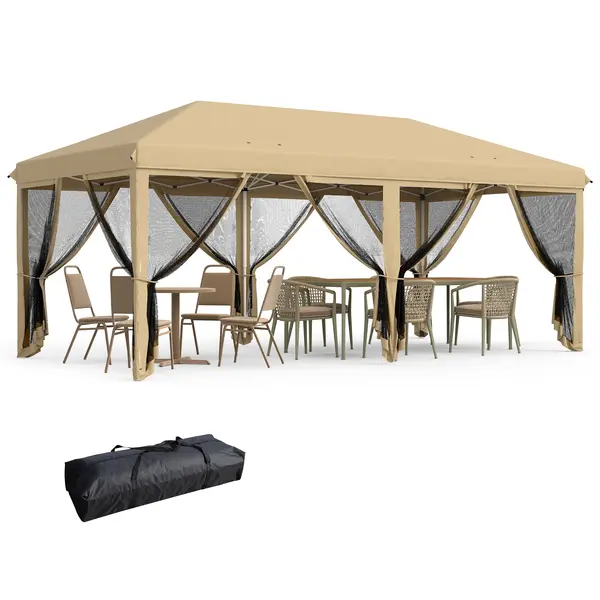 Outsunny Baldachin Pop-Up cu Plasă, Cort pentru Petreceri cu Geantă de Transport pentru Exterior, 585x295xx270 cm, Bej | Aosom Romania