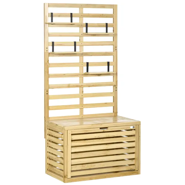 Outsunny Bancă de Depozitare pentru Grădină din Lemn de Brad cu Spalier Integrat și 4 Rafturi, Bancă de Depozitare Exterior Impermeabilă cu Închidere Magnetică, 80x45x160 cm, Culoare Lemn | Aosom Romania