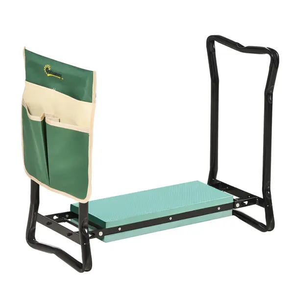 Outsunny Bancă de grădină 2 în 1 cu protecție pentru genunchi, pernuțe din spumă EVA și geantă pentru depozitare, 58x28x49 cm, Verde | Aosom Romania