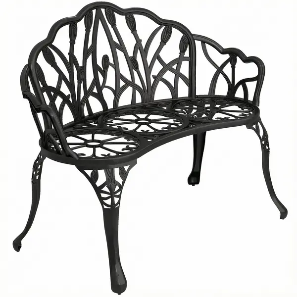 Outsunny Bancă de grădină 2 locuri aluminiu turnat rezistentă la intemperii bancă de exterior cu spătar în formă de lalea motiv floral 99 x 57 x 78 cm | Aosom Romania