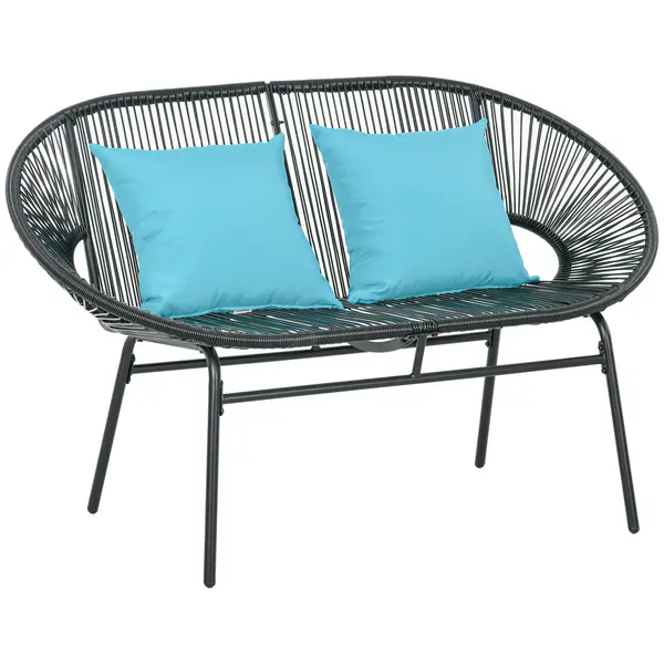 Outsunny Bancă de grădină cu 2 locuri din metal și sfoară din rășină cu 2 perne - dim. 132L x 72l x 83Î cm - negru | Aosom Romania