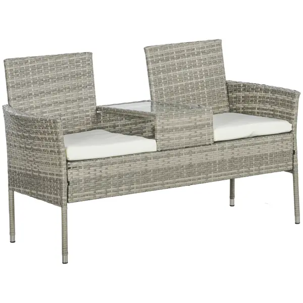 Outsunny Bancă de grădină din rășină împletită 2 locuri cu masă și perne - 135 x 64 x 81 cm - pentru balcon și terasă negru | Aosom Romania