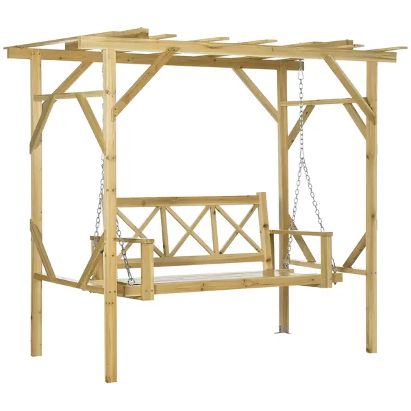 Outsunny Bancă-leagăn cu pergolă, pentru 2 persoane, reglabilă pe înălțime, cadru din lemn masiv, 2,21 x 1,40 x 1,96 m | Aosom Romania