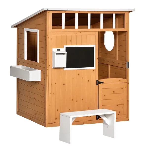 Outsunny Cabană de joacă pentru copii casă de grădină din lemn cu ușă și ferestre, banc, cutie poștală, tablou, de la 3 la 8 ani | Aosom Romania
