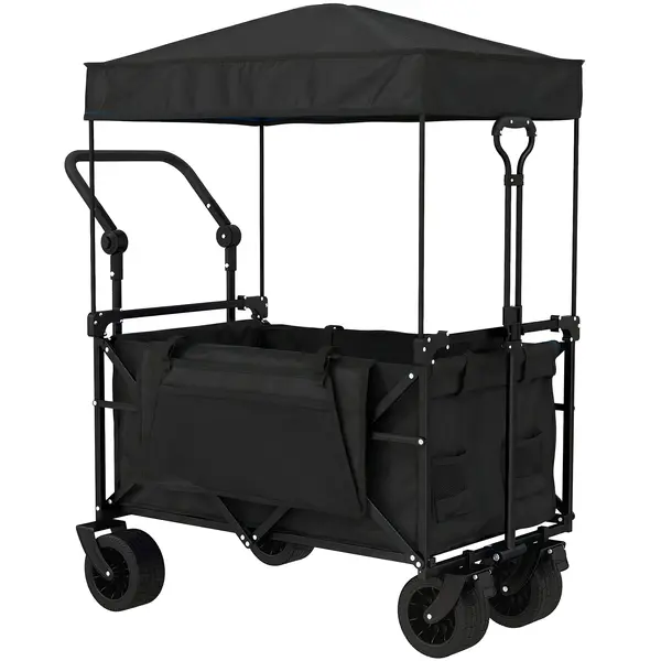 Outsunny Cărucior de grădină pliabil cu roți mari blocabile, bară reglabilă și suport pentru pahare pentru camping 125x59x133 cm Negru | Aosom Romania