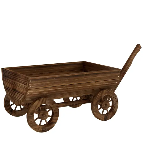 Outsunny Cărucior din lemn cu 4 roți și mâner Jardinieră exterioară cu orificiu de drenaj 115x40x54,5 cm Carbonizat | Aosom Romania