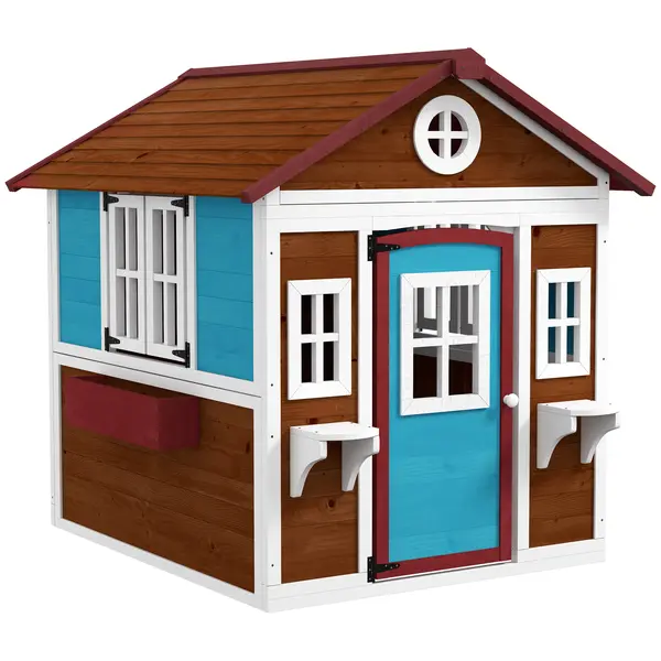 Outsunny Căsuță copii exterior casă de joacă exterioară cu ușă ferestre și jardiniere 114 x 126,4 x 135 cm Maro | Aosom Romania