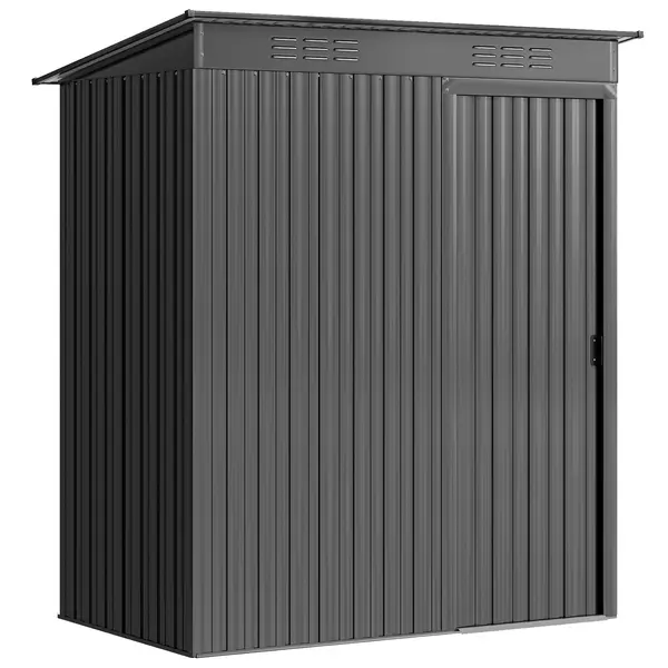 Outsunny Căsuță de Grădină 1.37m² din Metal, Montare Ușoară, Depozit pentru Unelte de Grădină cu Fante de Aer, Ușă Culisantă, Acoperiș Înclinat și Mănuși, 159x106x181 cm, Gri Închis | Aosom Romania