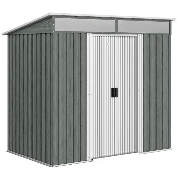 Outsunny Căsuță de Grădină 6.5 x 4FT din Metal Galvanizat cu Fundație, Magazin cu Uși Duble Culisante și 2 Guri de Aerisire, Gri | Aosom Romania