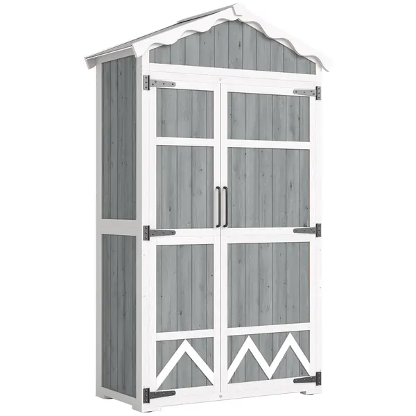 Outsunny Căsuță de grădină din lemn 105x55x179 cm dulap pentru unelte cu 4 rafturi acoperiș din metal galvanizat gri | Aosom Romania