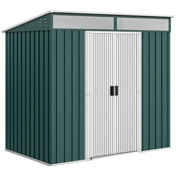 Outsunny Căsuță de Grădină pentru Unelte cu Bază, Ferestre, Încuietoare și Ușă Culisantă, 195x122x181,5/160 cm, Verde | Aosom Romania