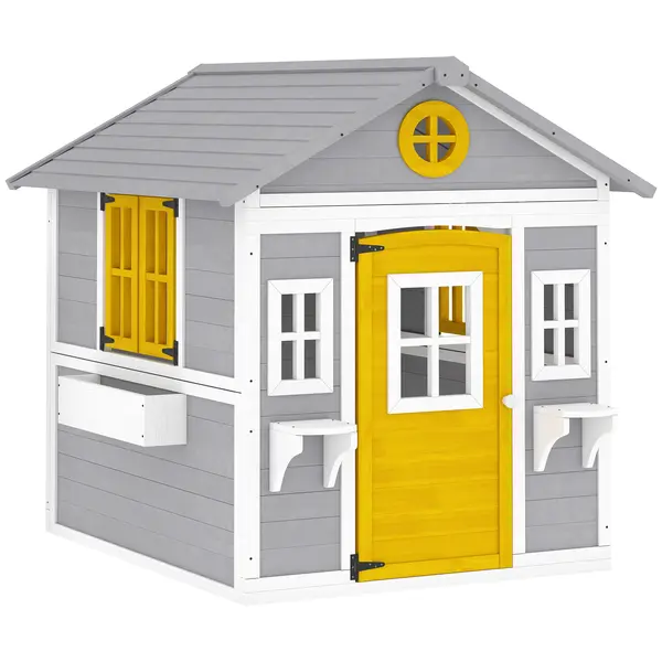 Outsunny Căsuță pentru Copii din Lemn, Exterior și Interior, cu Ușă, Ferestre, Jardiniere și Suporturi pentru Flori, Gri | Aosom Romania