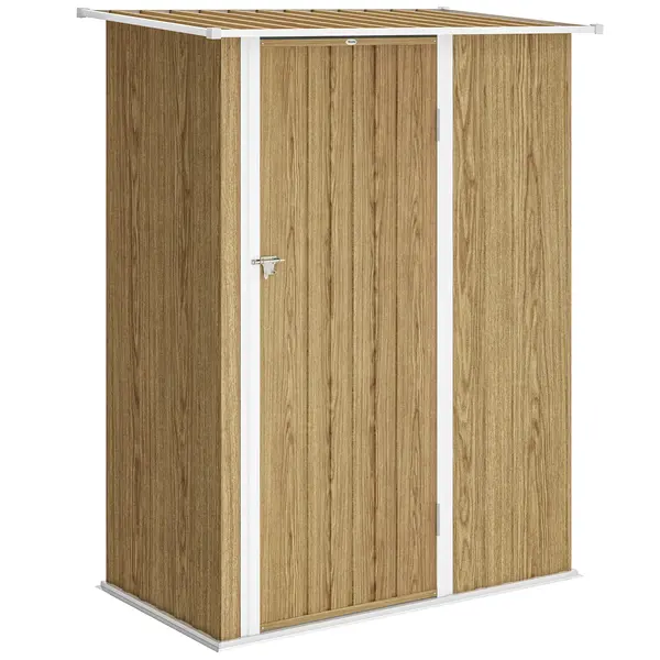 Outsunny Căsuță pentru Grădină 1.07m² din Oțel Galvanizat, Căsuță pentru Unelte cu Ușă Blocabilă, Acoperiș Înclinat, 142x86x189 cm, Imitatie Lemn | Aosom Romania