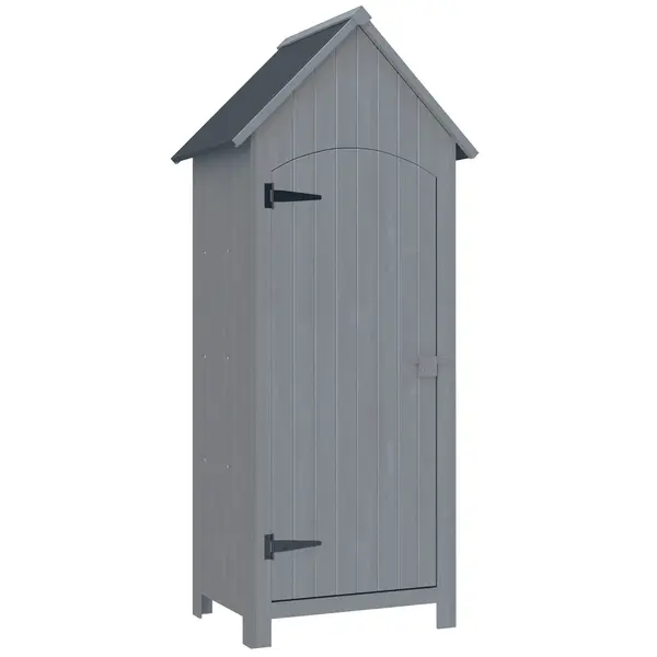 Outsunny Căsuță pentru Unelte din Lemn cu 3 Rafturi cu Acoperiș Impermeabil din Bitum, 77.5x54.2x179.5 cm, Gri | Aosom Romania