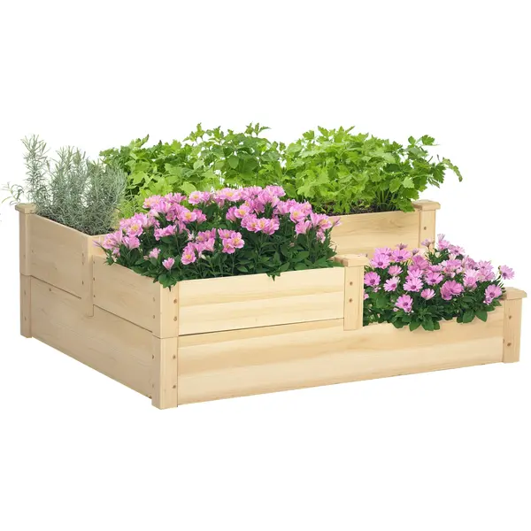 Outsunny Cavou legumicol din lemn, ghiveci de grădină în trepte, 3 niveluri, design fără fund, 108 x 88 x 36 cm, lemn natural | Aosom Romania