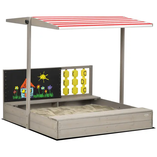 Outsunny Caz de nisip pătrat din lemn pentru copii cu bănci acoperiș reglabil, tablou și jocuri 114 x 113 x 110 cm gri | Aosom Romania