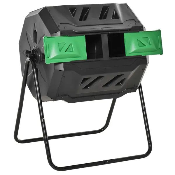 Outsunny Compostor Rotativ cu 2 Secțiuni și 8 Prize de Aerisire din Oțel și PP, 160L, 71x65x96 cm, Gri | Aosom Romania