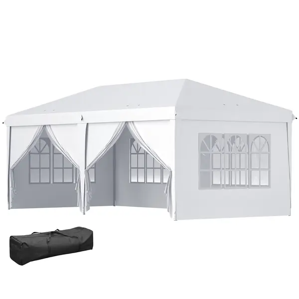 Outsunny Cort 6x3 m pliabil din otel si material Oxford, cort pentru gradina cu 6 pereti laterali, franghii si carlige, alb
