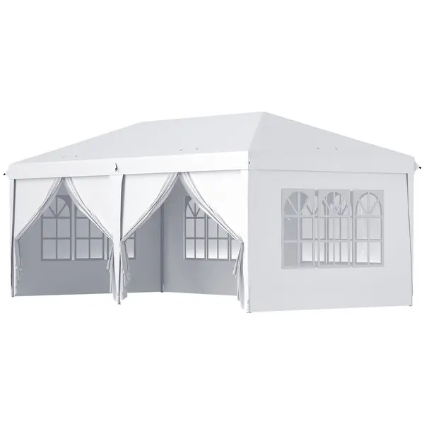 Outsunny Cort 6x3 m pliabil din otel si material Oxford, cort pentru gradina cu 6 pereti laterali, franghii si carlige, alb