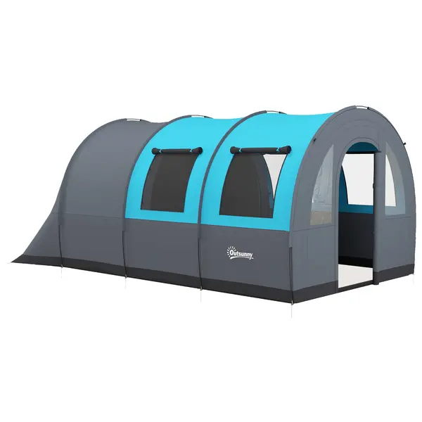 Outsunny Cort de Camping Impermeabil, Cort cu 5 Locuri, Zonă Separată de Dormit și Living, 480x260x200 cm, Gri și Albastru | Aosom Romania