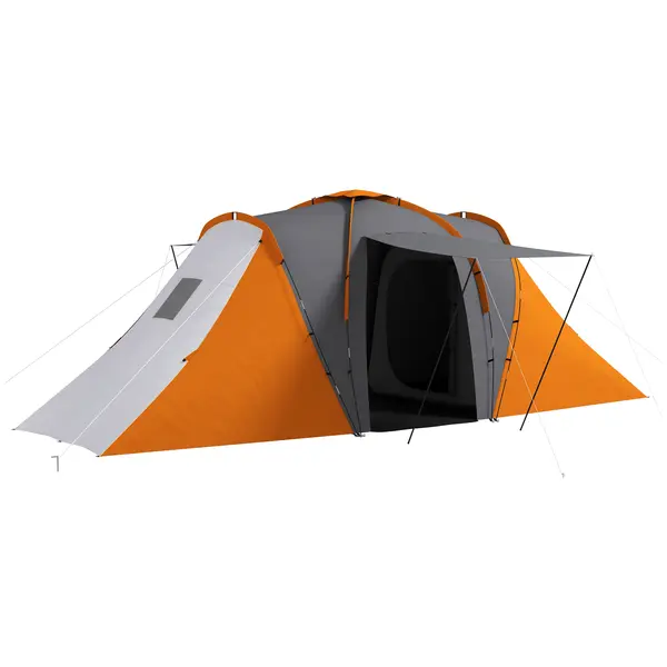 Outsunny Cort tunel, 2000mm rezistent la apă cort de camping pentru 4-6 persoane, cu 2 dormitoare și zonă de living geantă de transport Gri+Portocaliu | Aosom Romania