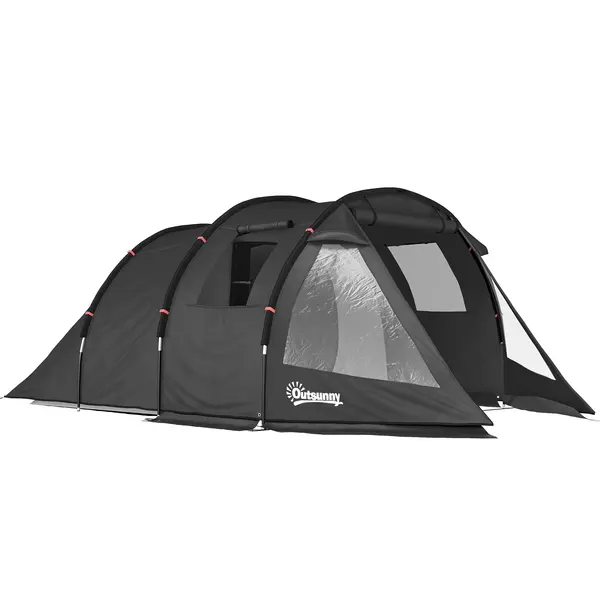 Outsunny Cort Tunel pentru 3-4 Persoane, Cort de Camping cu Doua Camere, cu Ferestre si Obloane, Geanta de Transport Portabila, pentru Pescuit, Drumetii, Sport, Festival, Negru | Aosom Romania