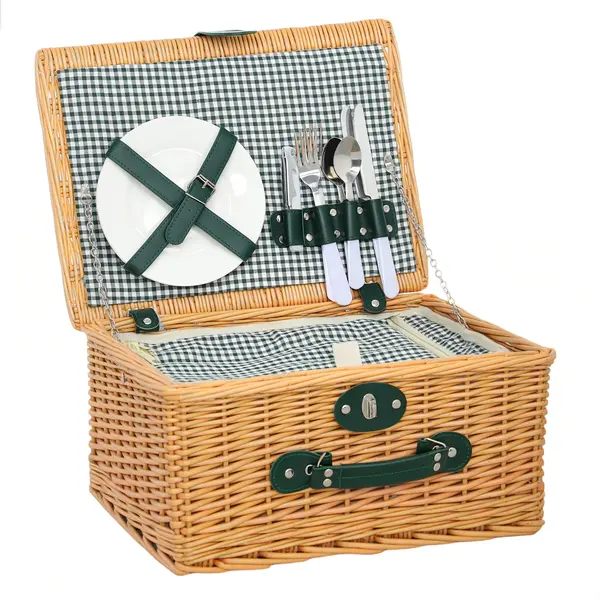 Outsunny Coș de Picnic din Răchită pentru 2 Persoane cu Zonă Frigorifică și Veselă, 40x30x20 cm, Maro Deschis | Aosom Romania