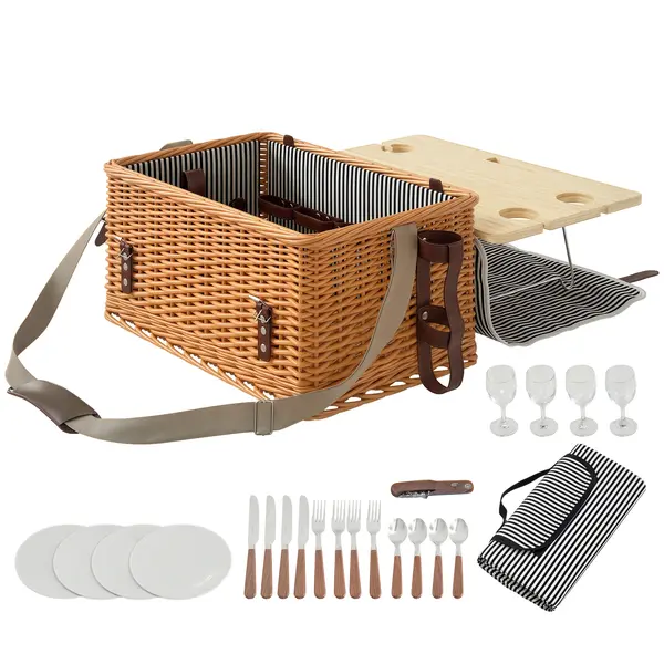 Outsunny Coș Picnic Răchită Bej cu Set | Aosom Romania