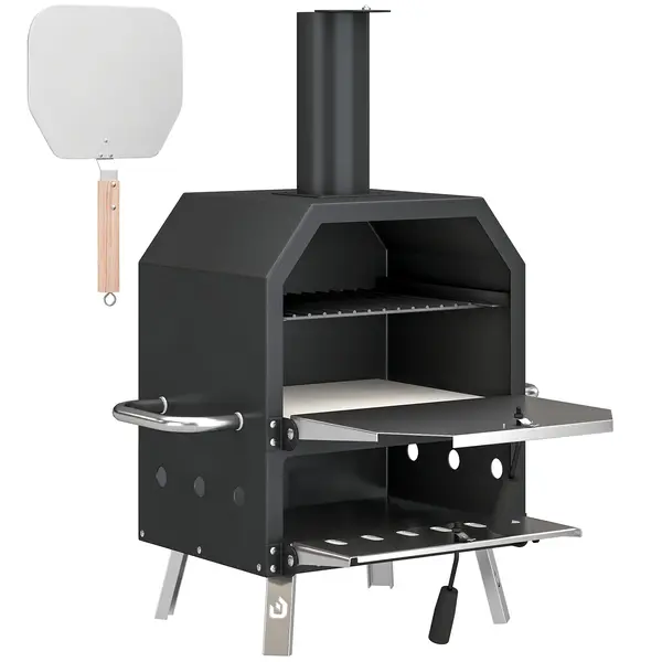 Outsunny Cuptor pizza exterior pe lemne Cuptor pizza din oțel inoxidabil 2 niveluri cu piatră pentru pizza grosime 1 cm picioare pliabile | Aosom Romania
