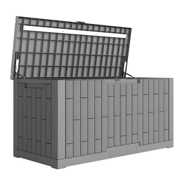 Outsunny Cutie de grădină 379 L Impermeabilă Încuiabilă Rezistentă la UV Cutie pentru perne cu aspect de lemn pentru grădină 122,5x56x62cm Gri | Aosom Romania