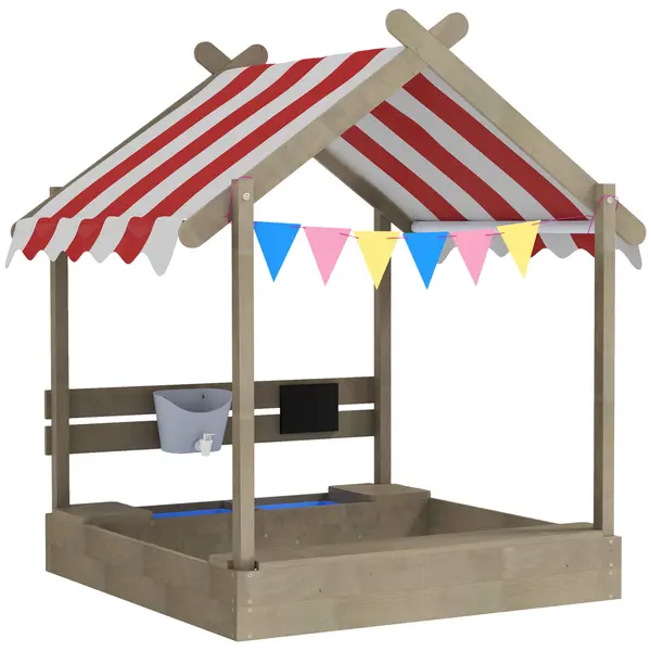 Outsunny Cutie de nisip cu protecție solară, design casă de joacă, cu set de jucării, lemn masiv tratat, 124 x 116 x 146 cm, Gri | Aosom Romania