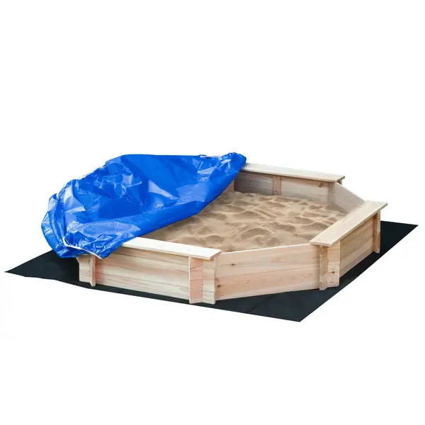 Outsunny Cutie de Nisip pentru Copii 3-8 Ani cu Scaune și Peliculă de Acoperire, 139,5x139,5x21,5 cm, Lemn Natural | Aosom Romania