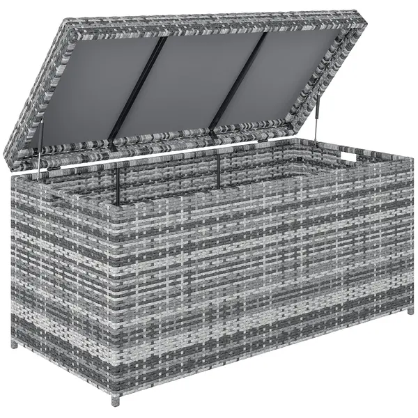 Outsunny Cutie pentru perne din ratan 380 L, rezistentă la intemperii, cu capac, spațiu de depozitare, rezistentă UV, 130 x 61 x 65 cm, gri închis | Aosom Romania