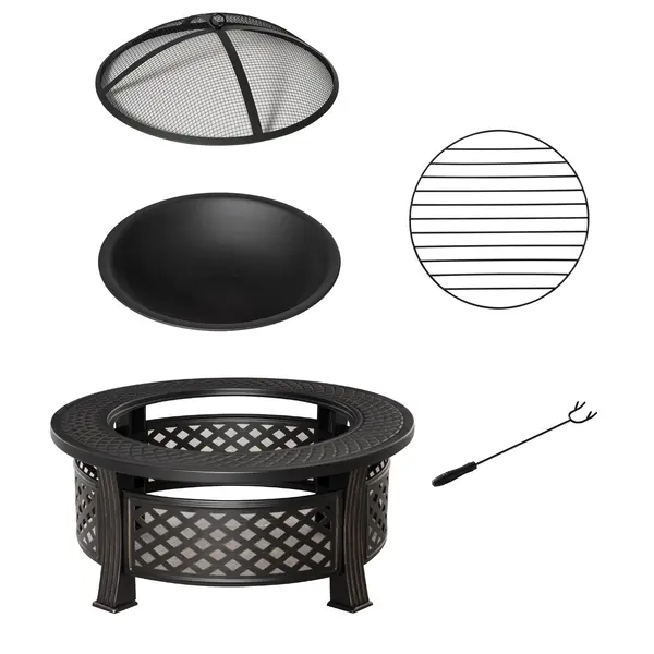 Outsunny Cuvă de foc cu cârlig, protecție la scântei, coș de foc, masă pentru foc rotund, loc de foc pentru grădină, camping, BBQ, oțel, negru, 81 x 81 x 50 cm | Aosom Romania