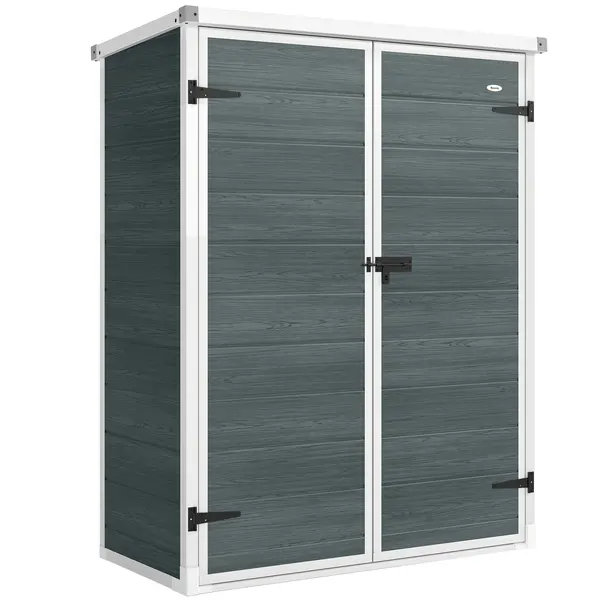 Outsunny Depozit pentru unelte 0,8m², șopron pentru unelte cu rafturi pliante, 134 x 68,5 x 170 cm, din plastic cu uși duble închise cu lacăt, placă pentru podea | Aosom Romania
