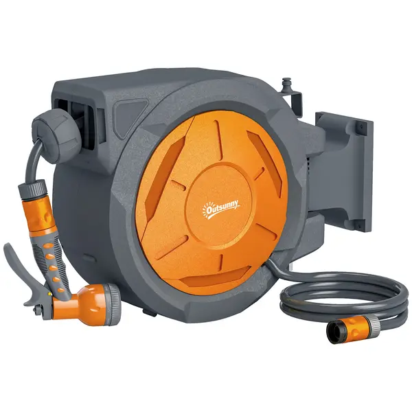 Outsunny Derulator furtun udare derulator țevi de apă 30+2 m suport perete + mâner pivotant la 180° 59 x 23 x 42 cm gri | Aosom Romania
