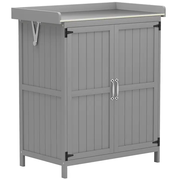 Outsunny Dulap de Exterior, Dulap pentru Ustensile cu Blat din Metal și Raft, Banc de Lucru din Lemn cu 2 Uși pentru Grădină, Terasă, Curte, Gri | Aosom Romania