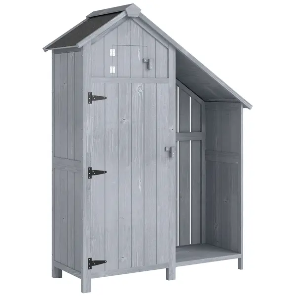 Outsunny Dulap de grădină din lemn pentru exterior, rezistent la intemperii, magazie pentru unelte cu acoperiş bituminos, poliţă 129 x 51,5 x 180 cm Gri | Aosom Romania