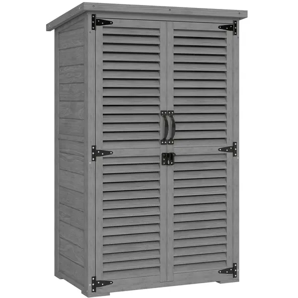 Outsunny Dulap de grădină Remiză pentru unelte din lemn 2 rafturi Acoperiș bitumat Uși cu obloane Blocabil 75 x 50 x 118cm Gri | Aosom Romania